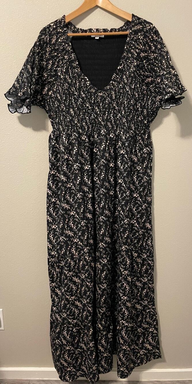 Baltic Born Dress Womens 1X Black Floral Smocked Maxi Flutter Sleeve Whimsigoth